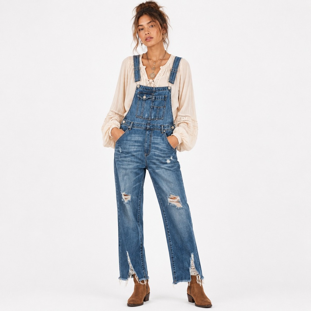 Insane Gene Overalls Womens L Blue Denim Distressed Ripped Raw Hem Boyfriend